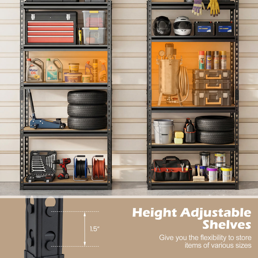 5-tier garage shelving unit with height-adjustable shelves, heavy-duty metal frame, and durable MDF boards for.