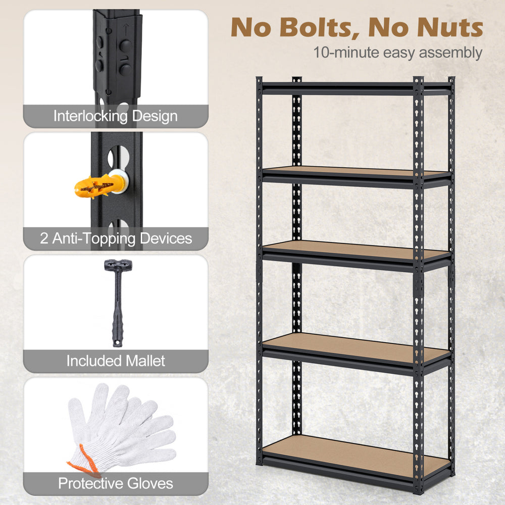 5-tier garage shelving unit with heavy-duty metal frame and MDF boards, featuring interlocking design for easy assembly.