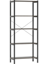 5-tier industrial bookshelf with gray metal frame and wide shelves, perfect for living room or office storage.
