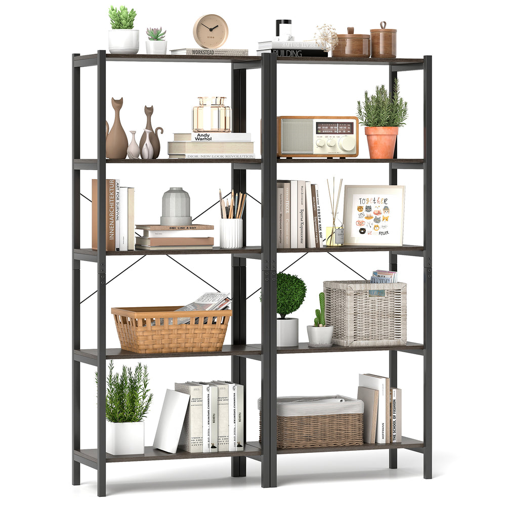5-tier industrial bookshelf in gray with a metal frame, showcasing a minimalist design and ample storage for various.