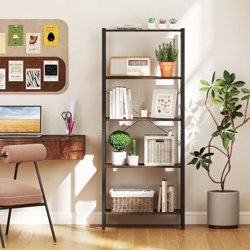 5-tier industrial bookshelf with gray metal frame, showcasing books and decor, ideal for living room or office use.
