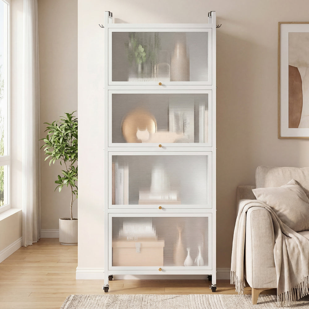 5-tier kitchen baker's rack in white showcasing semi-transparent PC doors and a spacious top shelf for stylish storage.