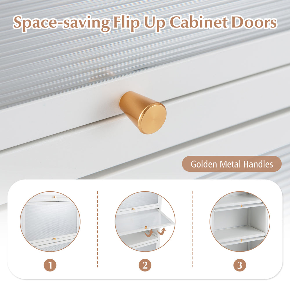 5-tier kitchen baker's rack with flip-up PC doors, white finish, featuring golden metal handles for easy access.