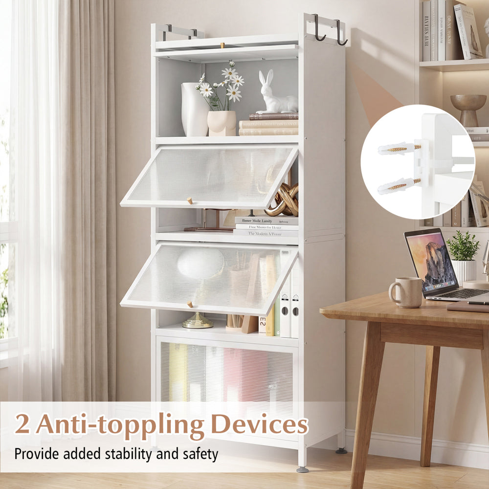 5-tier kitchen baker's rack in white with flip-up PC doors, offering ample storage and stability with anti-tipping.