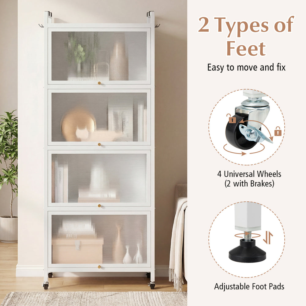 5-tier kitchen baker's rack in white with flip-up PC doors, featuring adjustable foot pads and wheels for easy mobility.