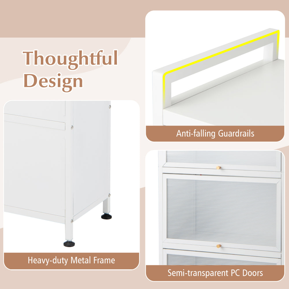 5-tier kitchen baker's rack in white with flip-up PC doors, heavy-duty metal frame, and anti-falling guardrails for.