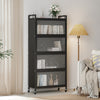 5-tier black kitchen storage cabinet with rolling wheels and flip-up doors, ideal for organizing books and decor.