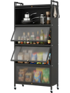 5-tier black kitchen storage cabinet with 4 flip-up doors, rolling wheels, and hooks for convenient organization.