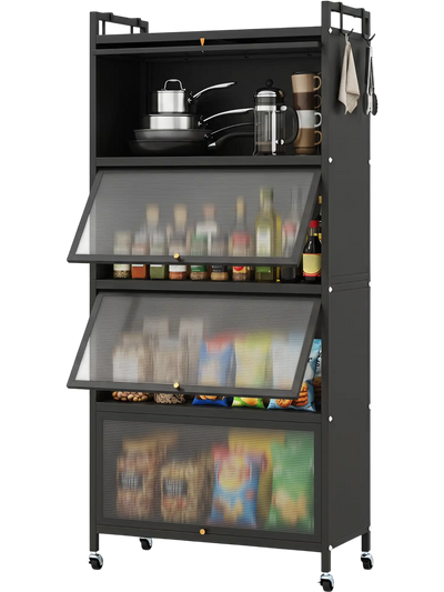 Costway 5-Tier Kitchen Storage Cabinet w/ 4 Flip-Up PC Doors & Wheels 86131407 New