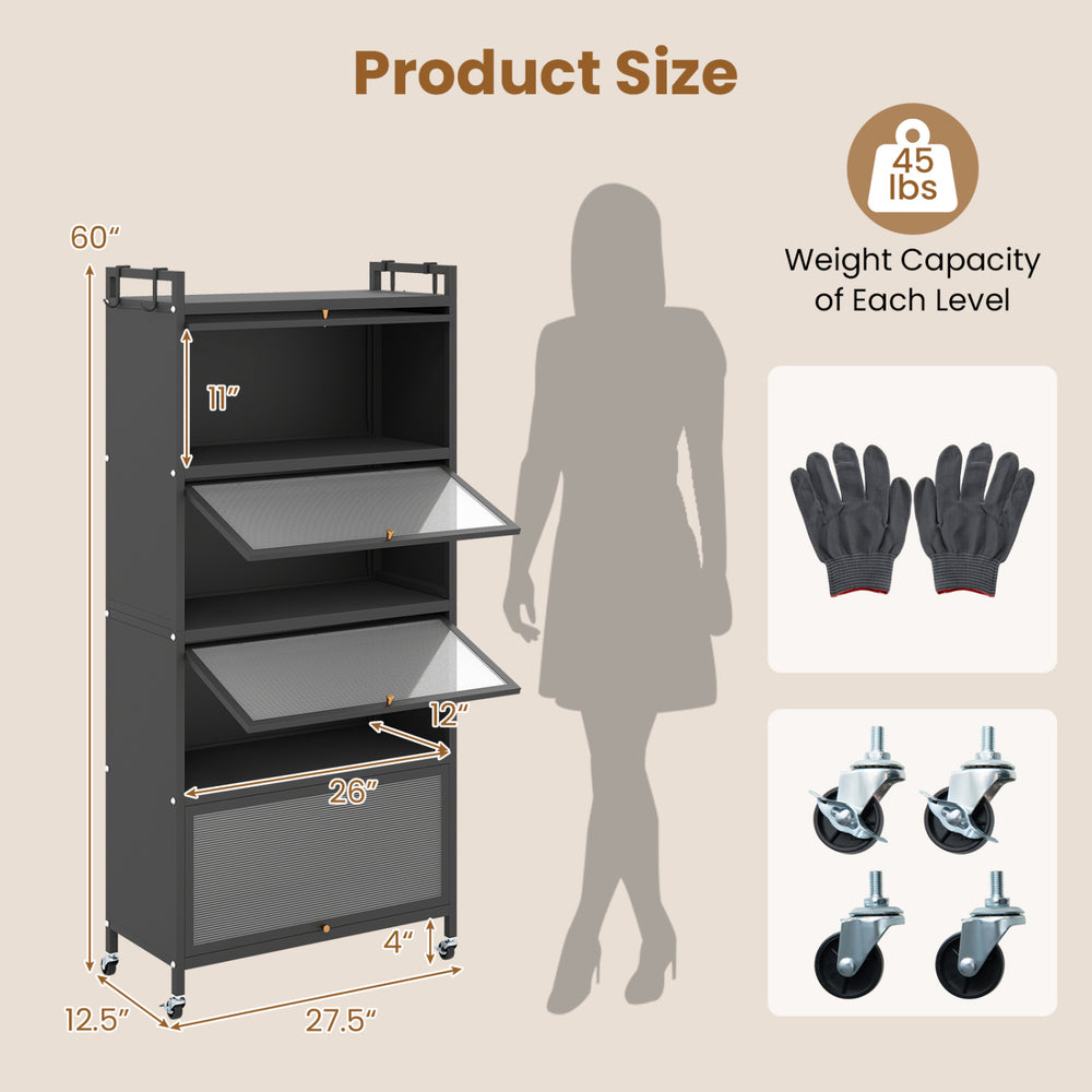 5-tier kitchen storage cabinet with dimensions of 60" height, 27.5" width, and adjustable feet for stable placement.