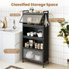 5-tier black kitchen storage cabinet with 4 flip-up doors, adjustable feet, and rolling wheels for versatile organization.