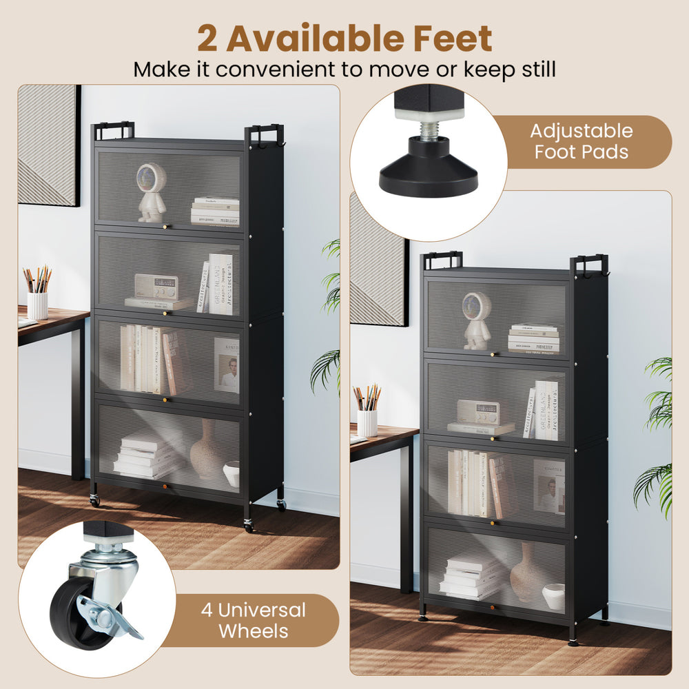 5-tier black kitchen storage cabinet with adjustable feet, rolling wheels, and flip-up PC doors for versatile organization.