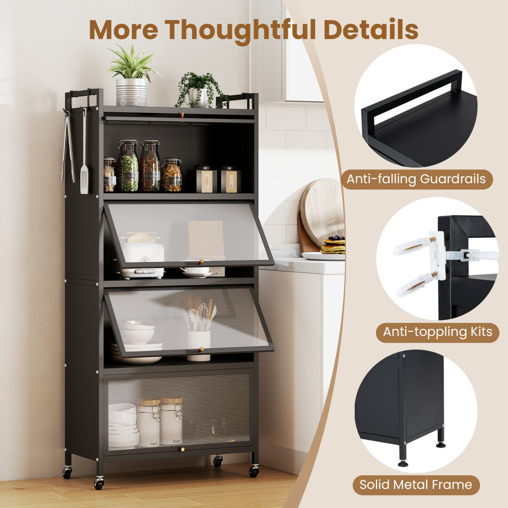 5-tier black kitchen storage cabinet with 4 flip-up doors, heavy-duty metal frame, and rolling wheels for easy mobility.