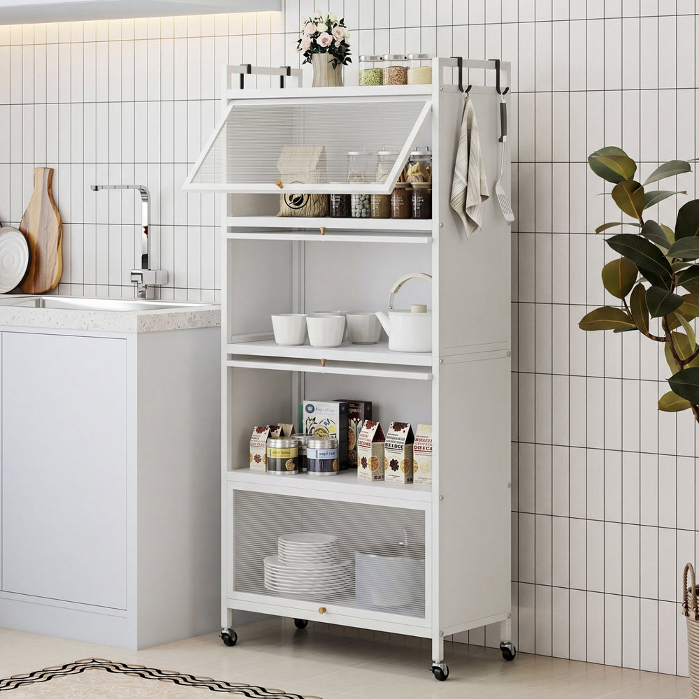 5-Tier Kitchen Storage Cabinet with 4 Flip-up PC Doors Adjustable Feet and Rolling Wheels-White - Gallery View 1 of 9