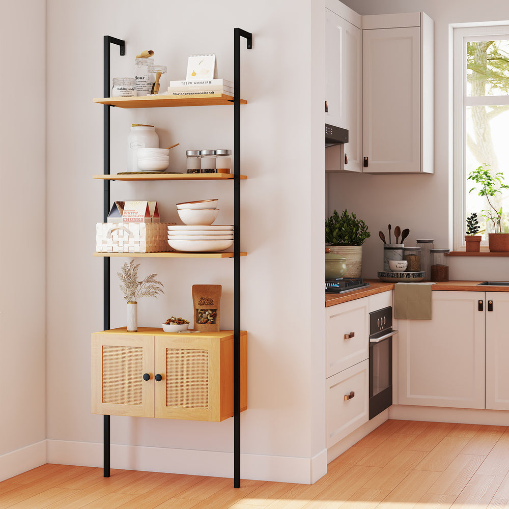 5-tier ladder bookcase showcasing elegant PE rattan doors and a sturdy metal frame, perfect for stylish organization.