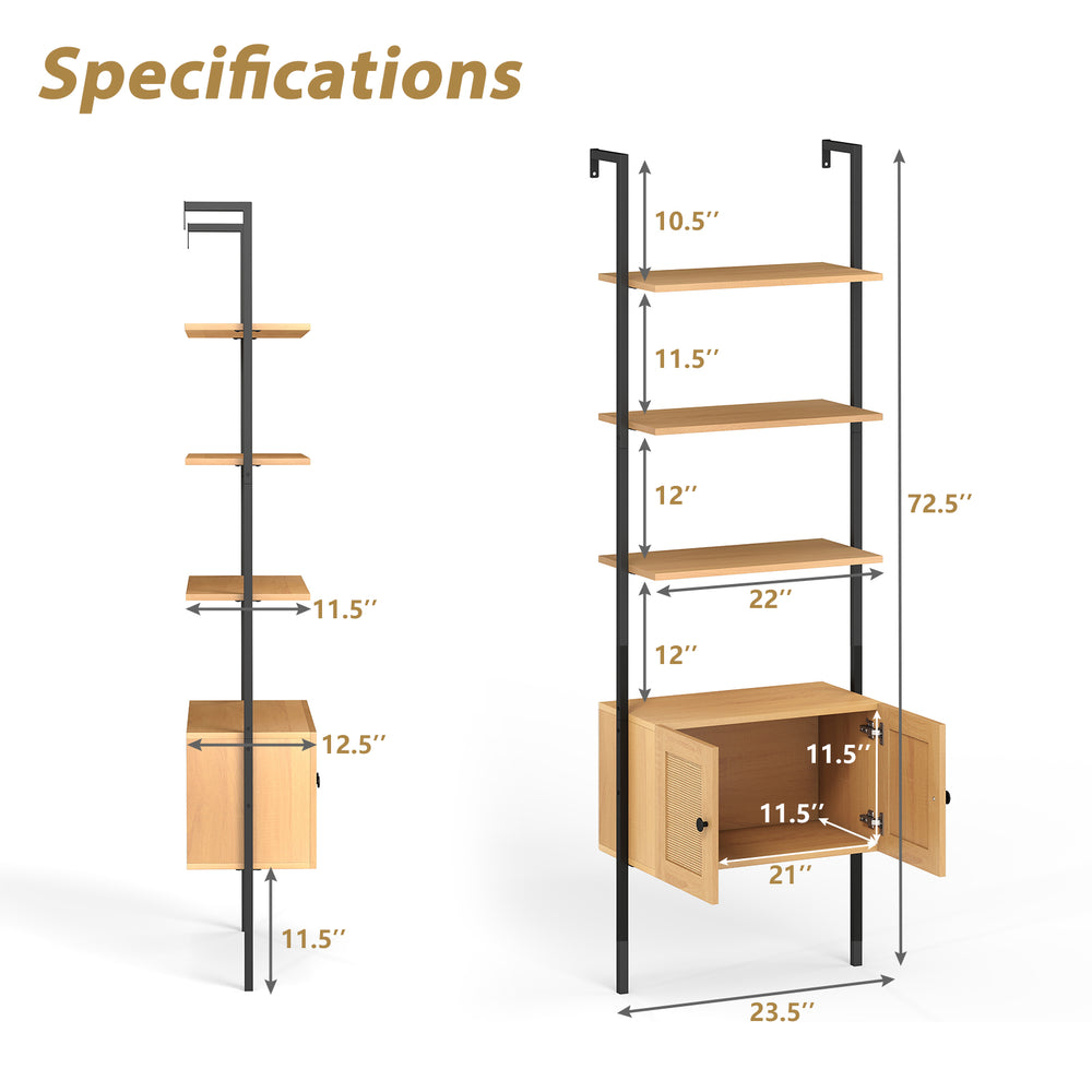 5-tier ladder bookcase with natural wood shelves and rattan cabinet, featuring a sturdy metal frame for home.