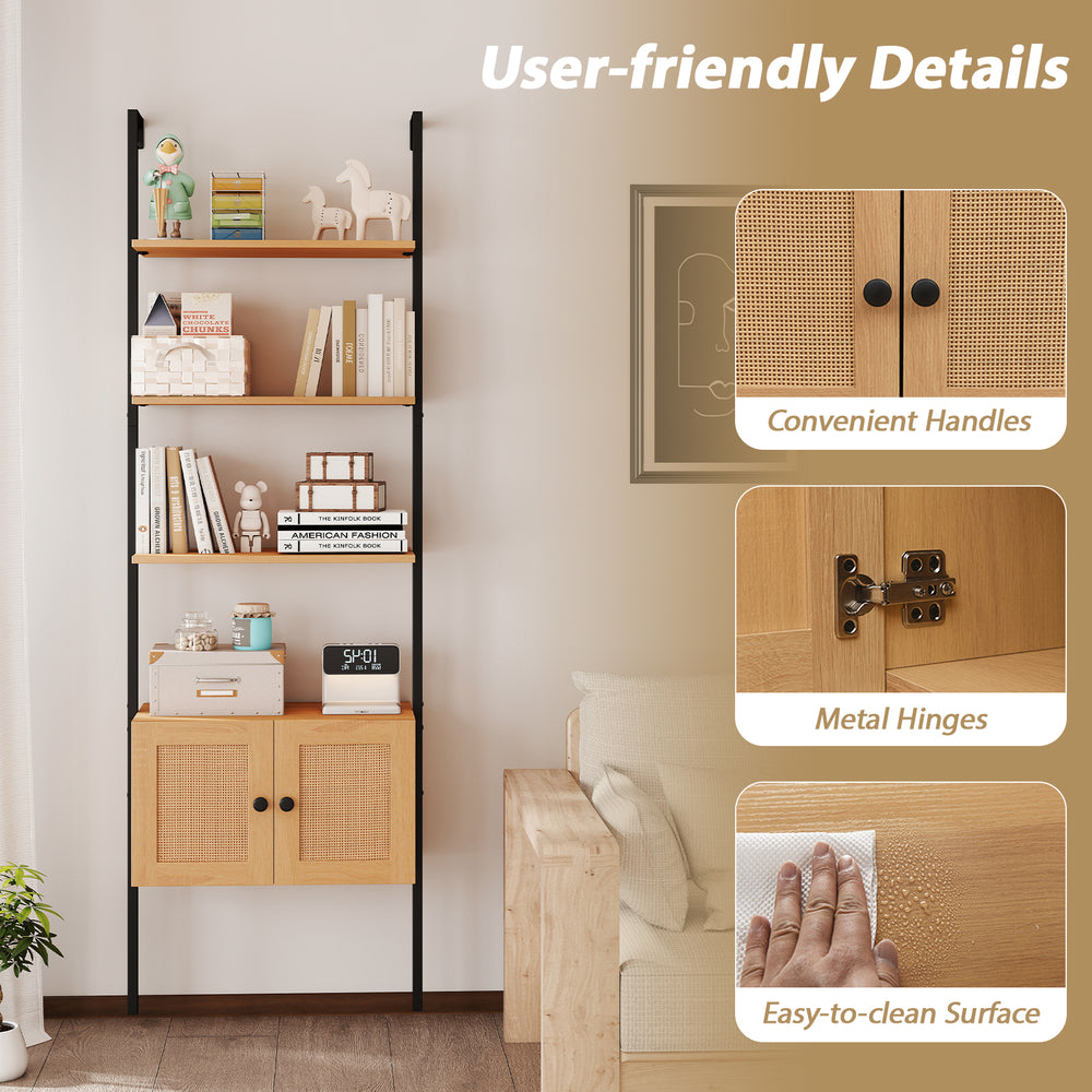 5-tier ladder bookcase with rattan cabinet and metal frame, featuring convenient handles and easy-to-clean surfaces for.