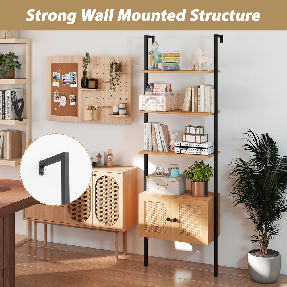 Detail shot of the 5-tier ladder bookcase's sturdy metal frame and elegant PE rattan doors, enhancing modern home decor.