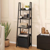 5-tier black ladder bookshelf with fabric drawer, featuring anti-falling baffles, perfect for living room or home.