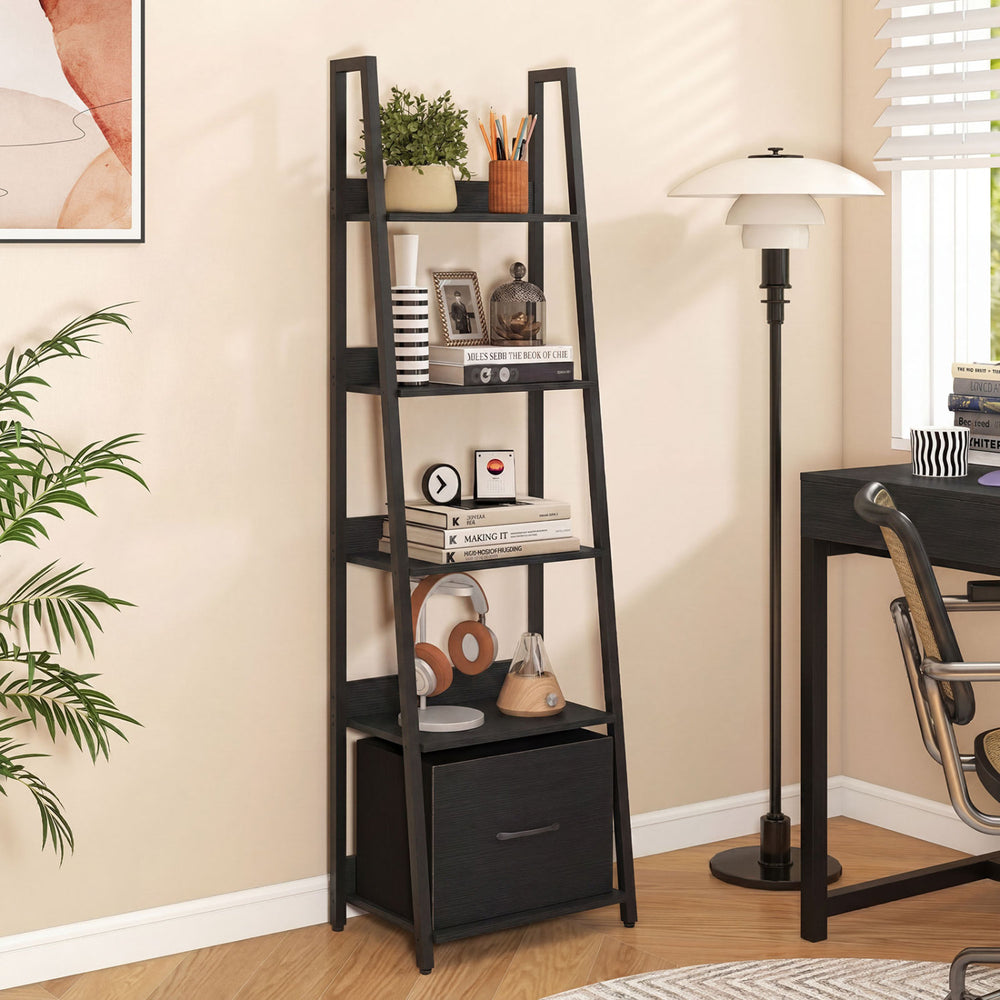 5-tier black ladder bookshelf with fabric drawer, perfect for modern living room or home office storage and display.