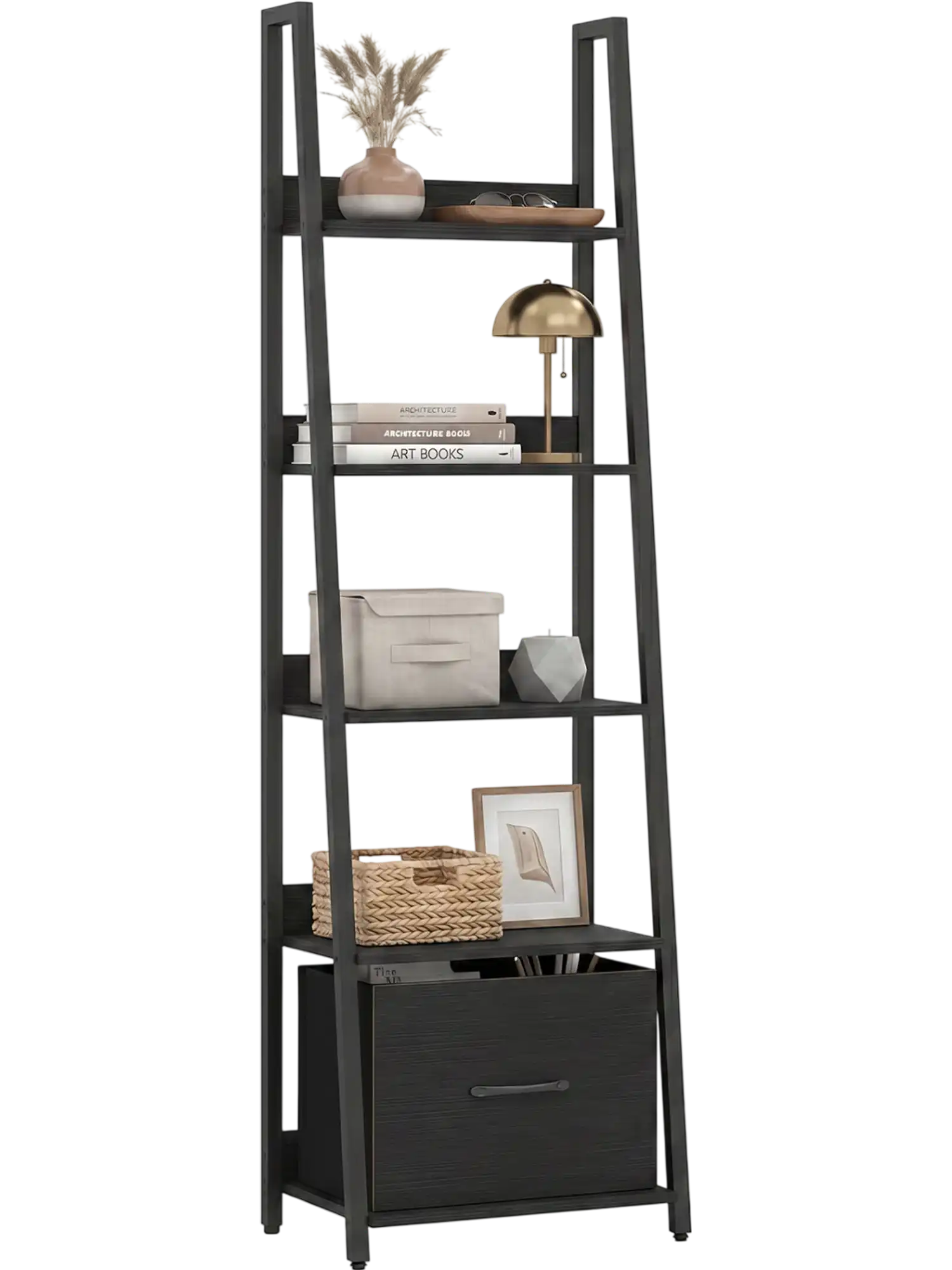 Costway 5-Tier Ladder Bookshelf w/ Fabric Drawer 86052325 New