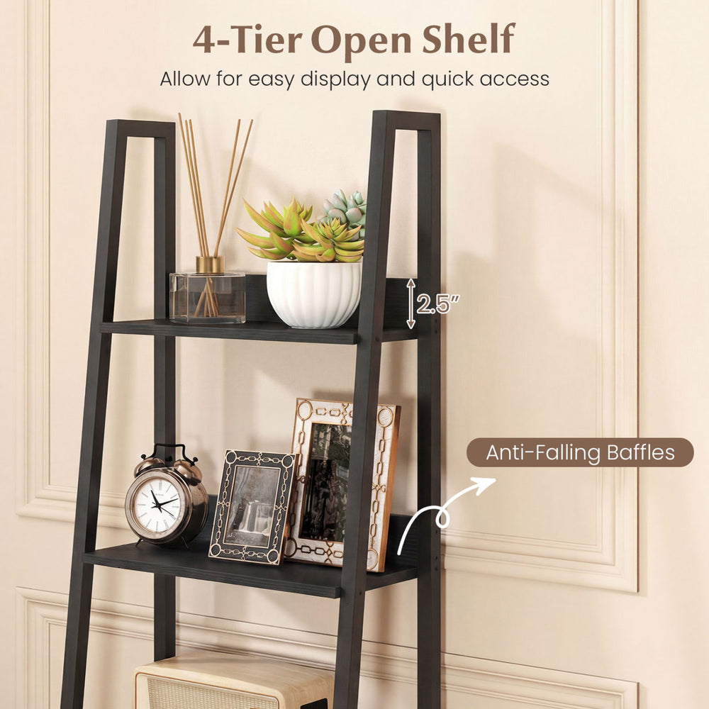 4-tier black ladder bookshelf with anti-falling baffles and fabric drawer for stylish storage in living room or home.