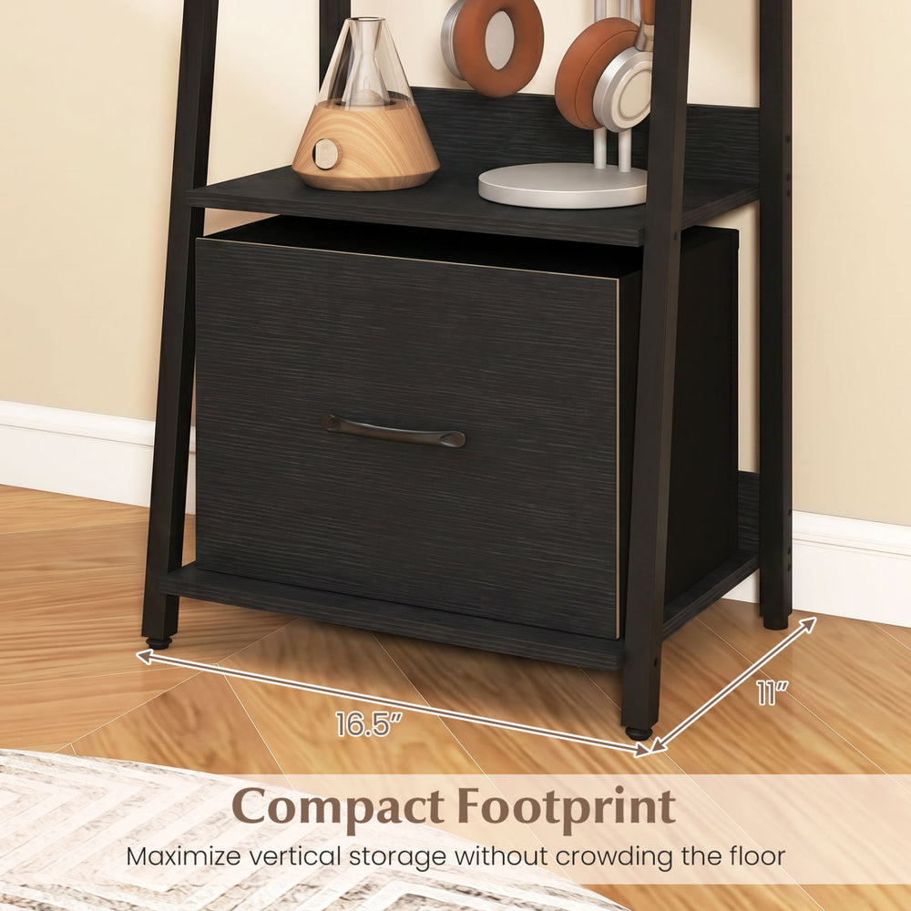 5-tier ladder bookshelf in black with fabric drawer, compact footprint for vertical storage in living room or home.