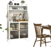 5-tier metal baker's rack in white with see-through flip-up doors and pegboard, ideal for kitchen organization.