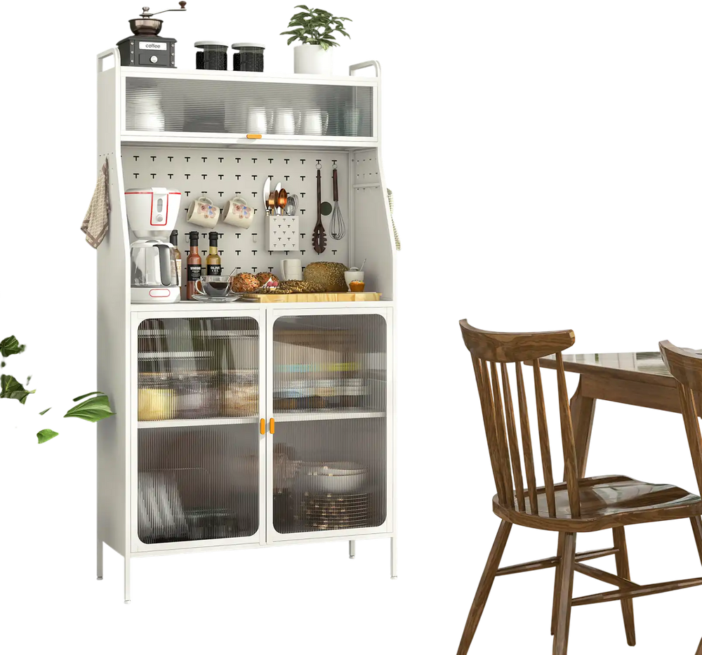5-tier metal baker's rack in white with see-through flip-up doors and pegboard, ideal for kitchen organization.