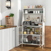 5-tier white metal baker's rack with see-through flip-up door, pegboard, and adjustable shelves for kitchen.