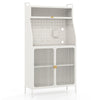 Close-up of the pegboard on a 5-tier white metal baker's rack, featuring adjustable shelves and a see-through flip-up.