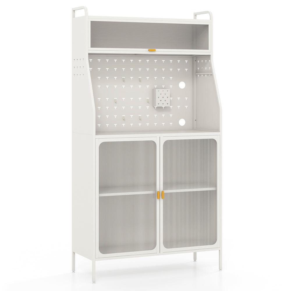 Close-up of the pegboard on a 5-tier white metal baker's rack, featuring adjustable shelves and a see-through flip-up.