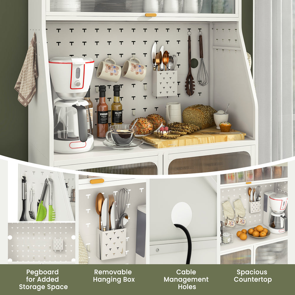 5-tier white metal baker's rack with pegboard, adjustable shelves, and see-through flip-up door for organized kitchen.