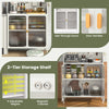 5-tier metal baker's rack with see-through flip-up doors, adjustable shelves, and pegboard for organized kitchen.