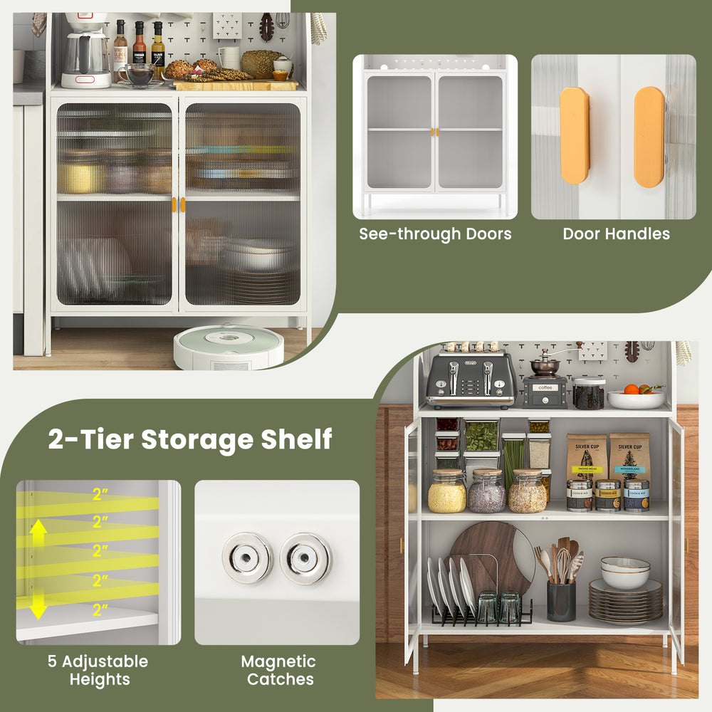 5-tier metal baker's rack with see-through flip-up doors, adjustable shelves, and pegboard for organized kitchen.