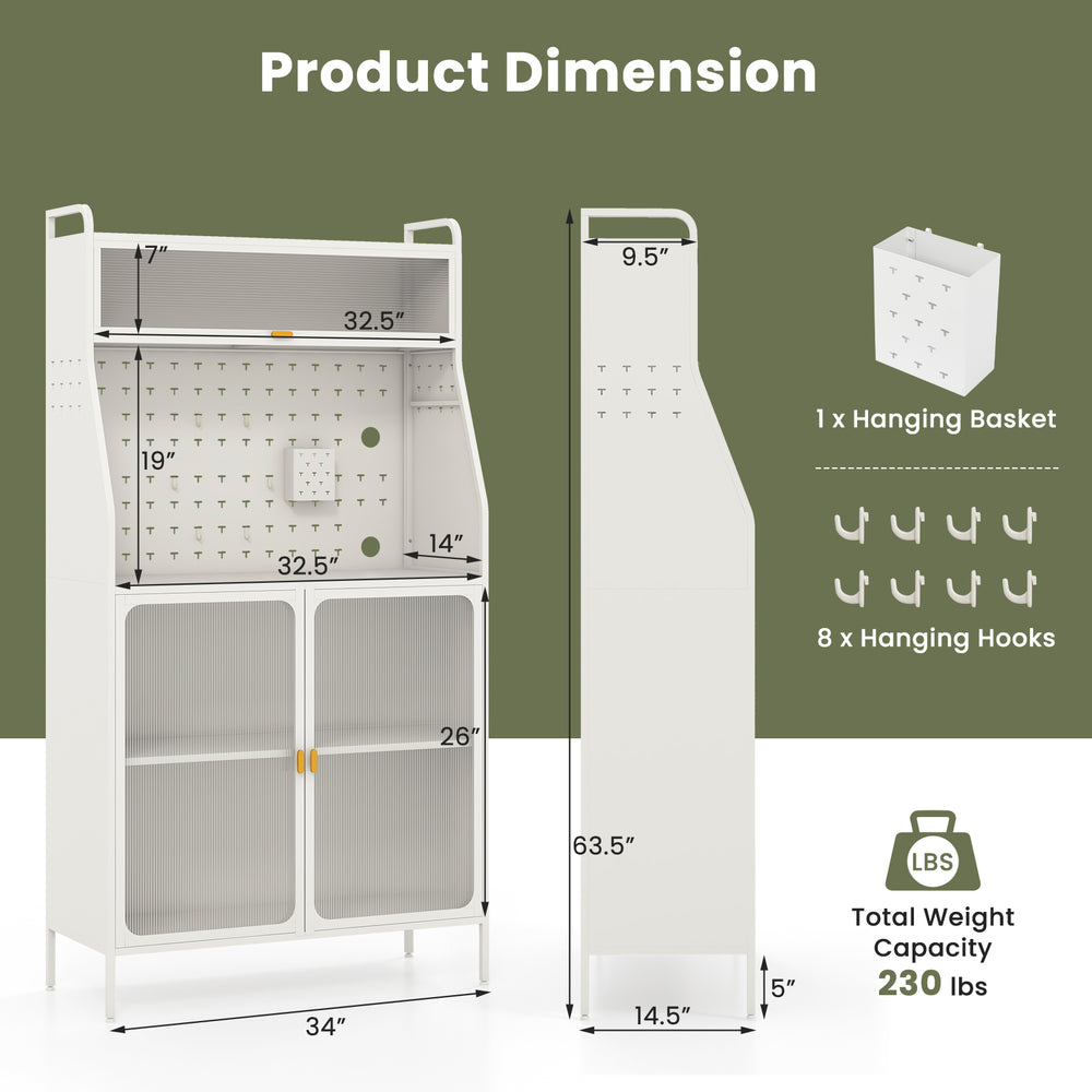 5-tier white metal baker's rack with pegboard, adjustable shelves, and see-through flip-up door for kitchen.