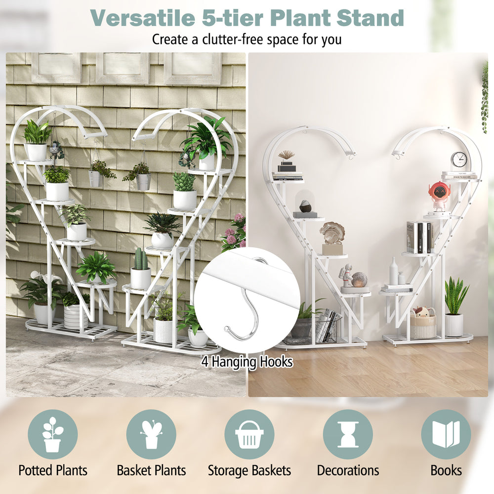 5-tier white metal plant stand with hanging hooks, perfect for displaying potted plants and decorations in style.