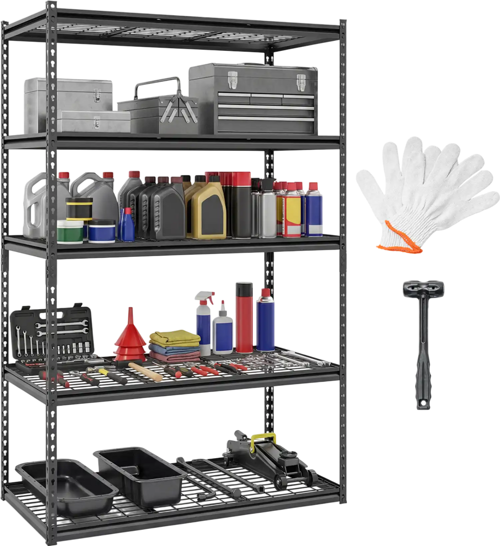5-tier metal shelving unit with adjustable wire racks, holding various tools and containers, ideal for garage or.