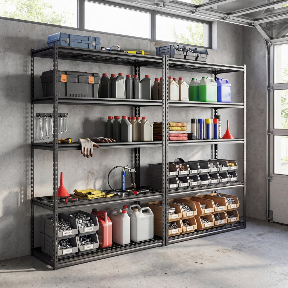 5-tier metal shelving unit with adjustable wire racks, showcasing tools and containers, ideal for garage organization.