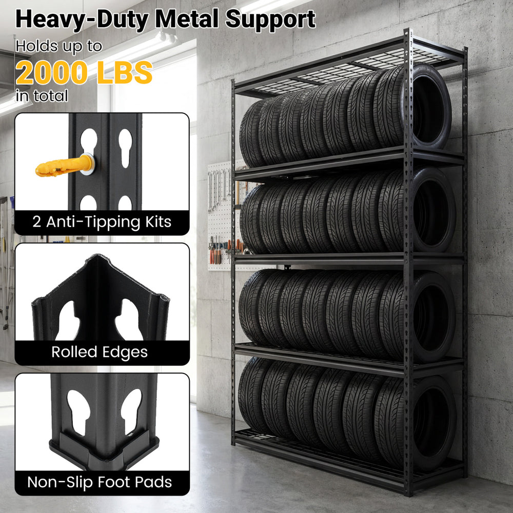 5-tier metal shelving unit with adjustable wire racks, 2000 lbs capacity, ideal for garage or warehouse storage.