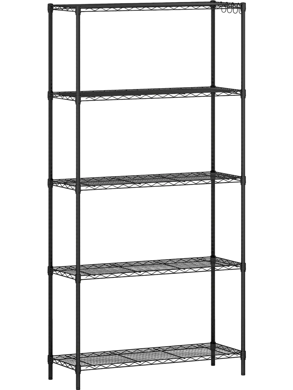 5-tier black metal storage shelving unit with adjustable shelves and V-shaped wire rack for versatile organization.