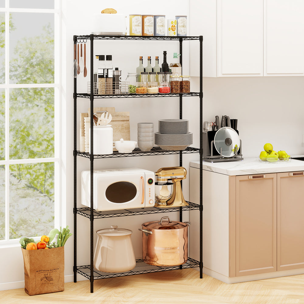 5-tier black metal storage shelving unit with adjustable shelves, ideal for kitchen organization and heavy-duty use.