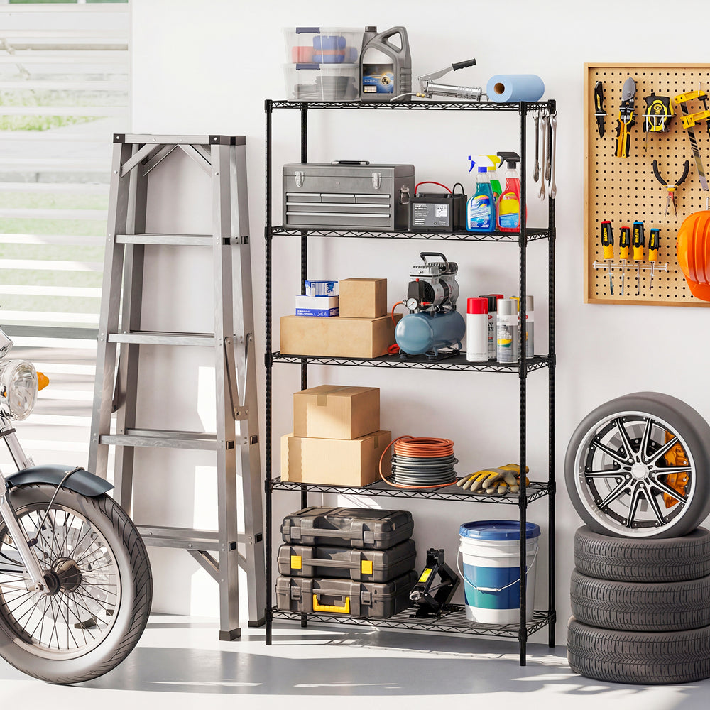 5-tier black metal storage shelving unit with adjustable shelves and V-shaped wire rack for garage organization.