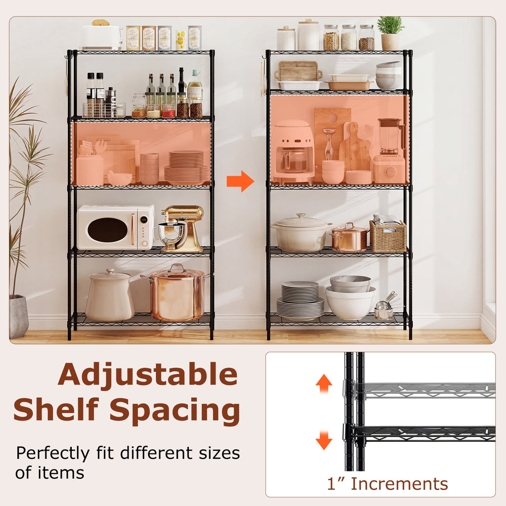 5-tier black metal storage shelving unit with adjustable shelf spacing, ideal for organizing kitchen and garage items.