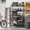 5-tier black metal storage shelving unit with adjustable shelves, ideal for garage organization and tool storage.