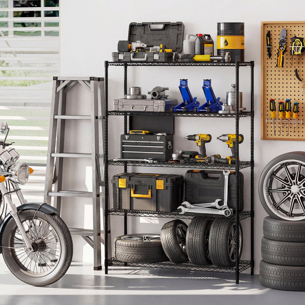 5-tier black metal storage shelving unit with adjustable shelves, ideal for garage organization and tool storage.
