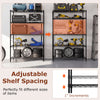 5-tier black metal storage shelving unit with adjustable shelves for various item sizes, ideal for garage or basement.