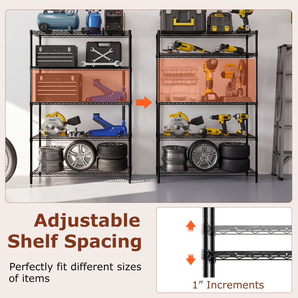 5-tier black metal storage shelving unit with adjustable shelves for various item sizes, ideal for garage or basement.