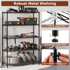 5-tier black metal storage shelving unit with adjustable shelves, V-shaped wire racks, and anti-tip kits for garage use.
