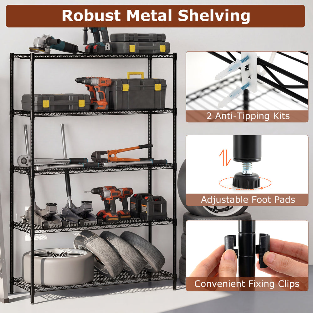 5-tier black metal storage shelving unit with adjustable shelves, V-shaped wire racks, and anti-tip kits for garage use.
